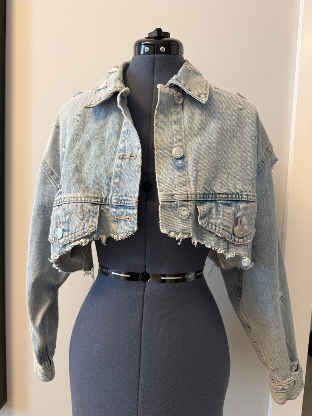 Zara Cropped Light Wash Distressed Denim Jacket